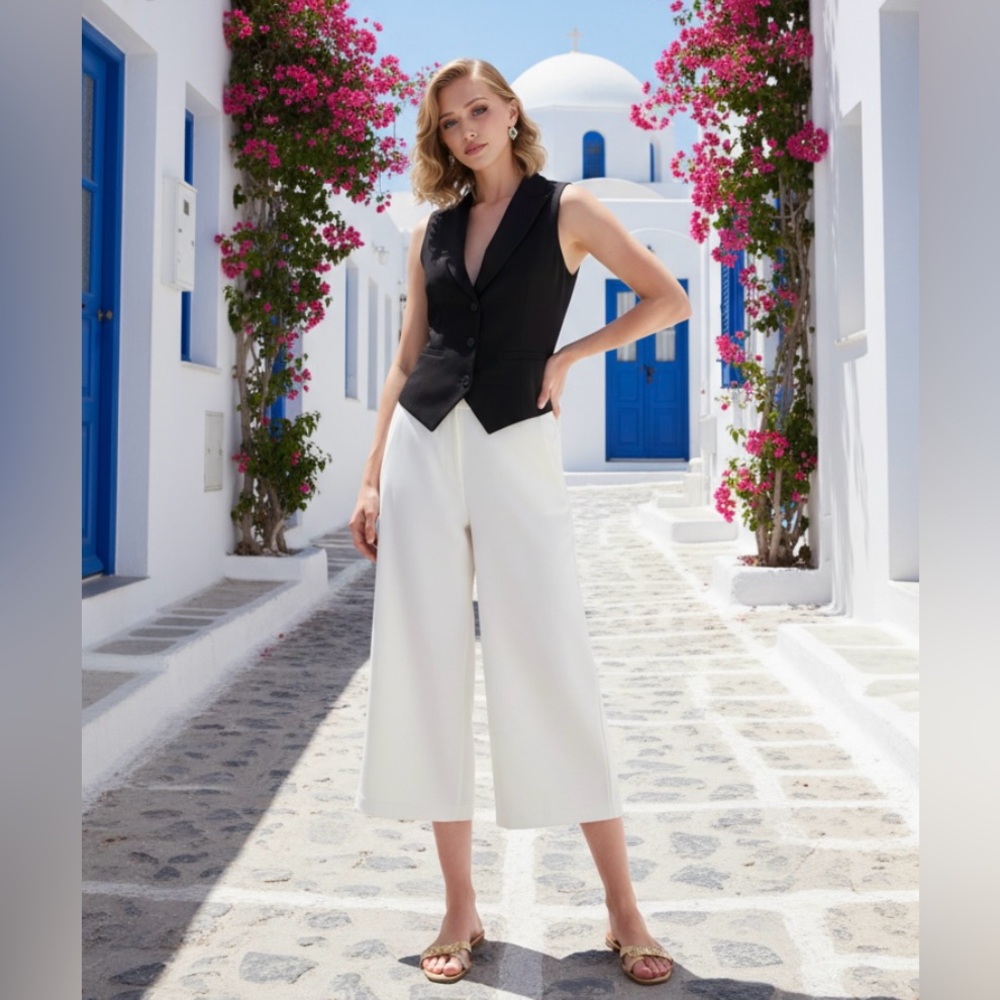 ST JOHN Pant Gaucho Wide Leg Knit Stretchy Cropped White Casual